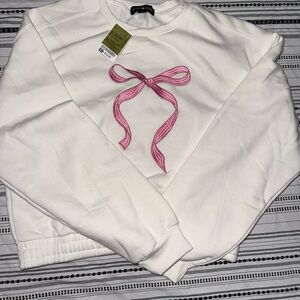 White Sweatshirt with Pink Bow Embroidery